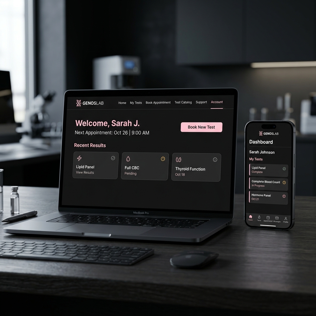 Mockup de la interfaz web en laptop y smartphone de Genoslab