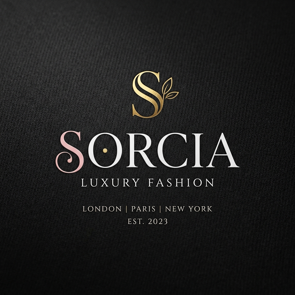 Diseño de logotipo Sorcia sobre fondo textil negro y oro